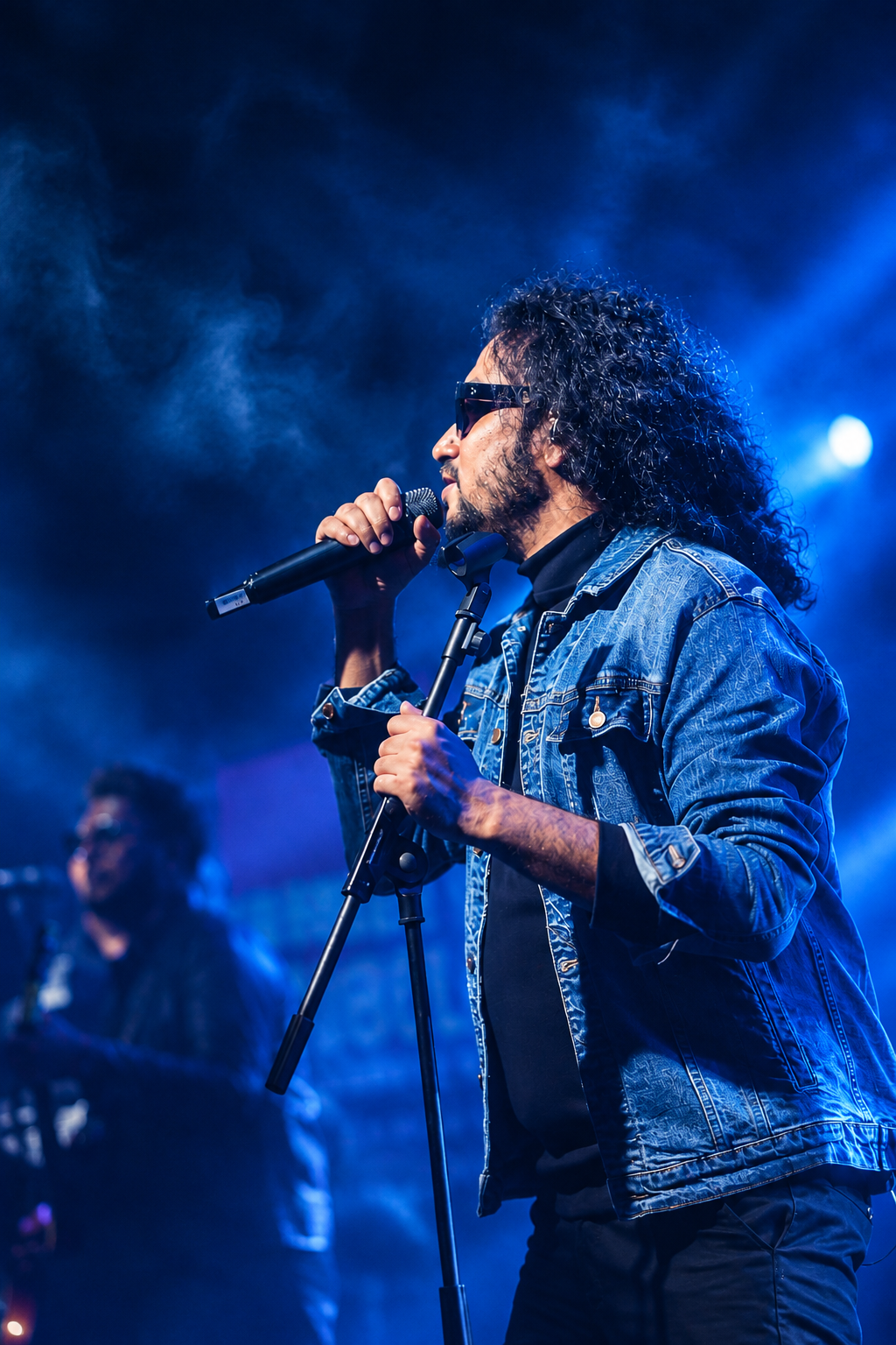 Muttaque Hasib singing into a microphone on stage under blue concert lighting