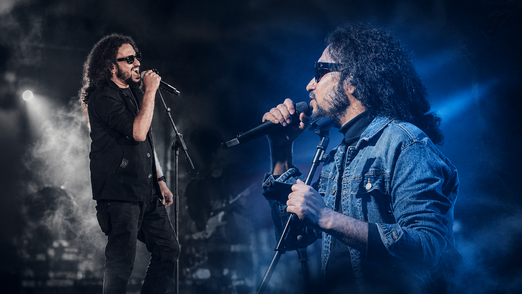 Muttaque Hasib performing live on stage — a cinematic composite of two concert photographs under blue stage lighting