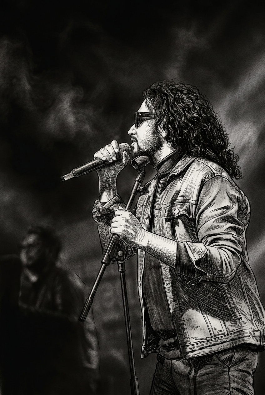 Black and white editorial illustration of Muttaque Hasib performing